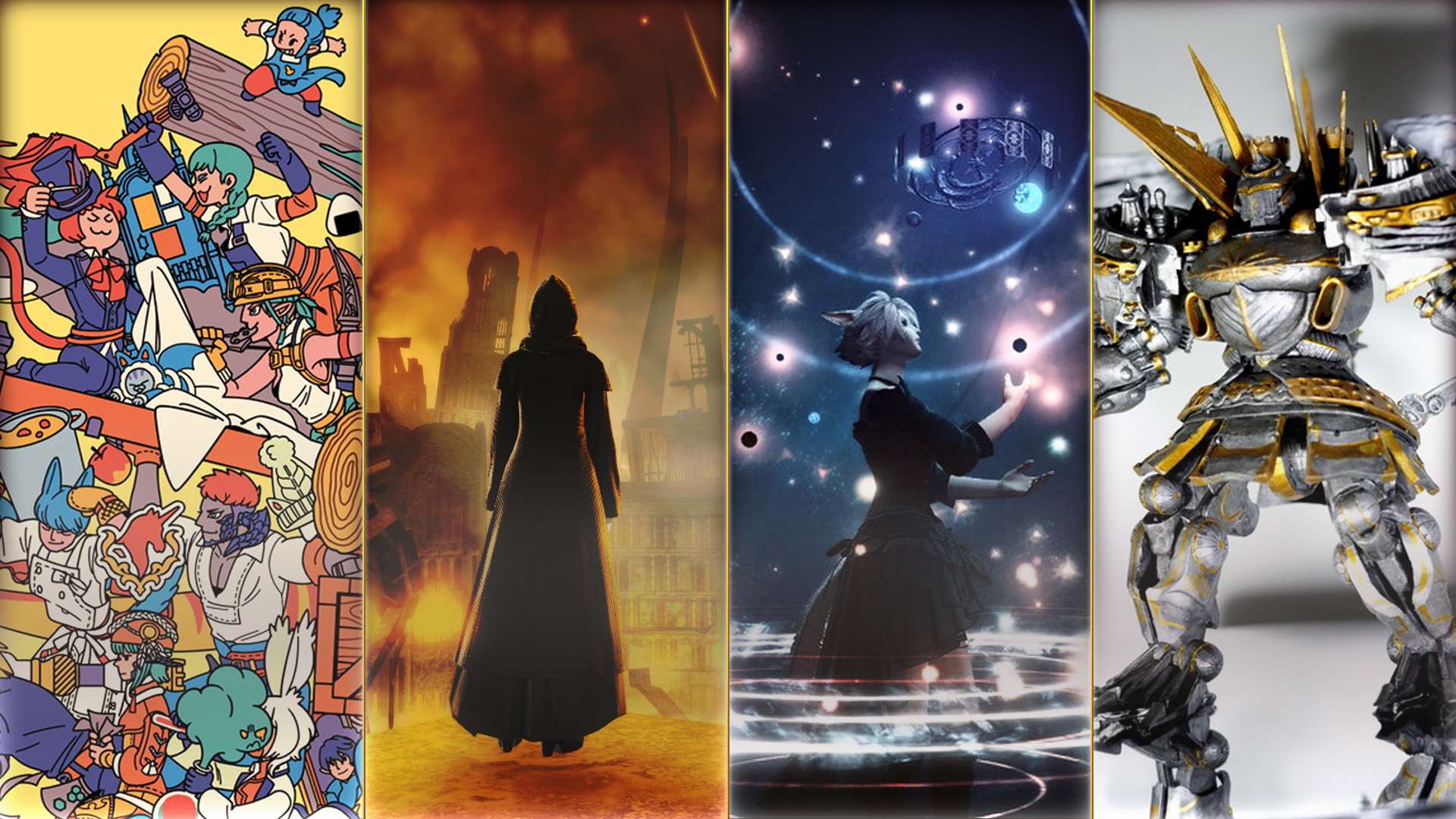 4 Final Fantasy 14 artworks, including a digital illustration of player characters two screenshots of a hooded figure and a Miqo'te wielding a planisphere, and a model of Perfect Alexander.